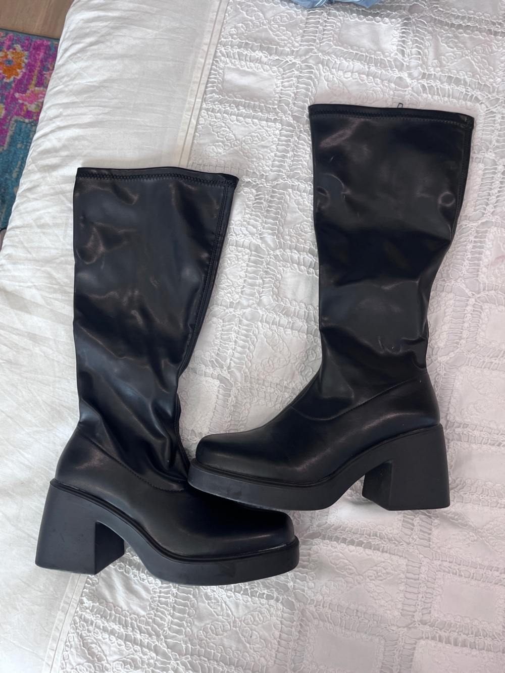 Black Mid-Calf Platform Block Heel Boots - Women